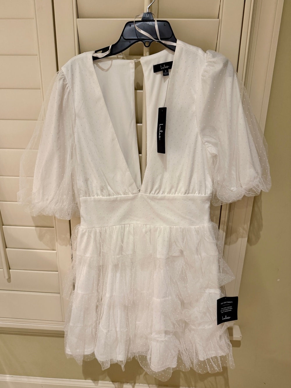 Lulu's White V-Neck Puff Sleeve Tiered Tulle Mini Dress size small